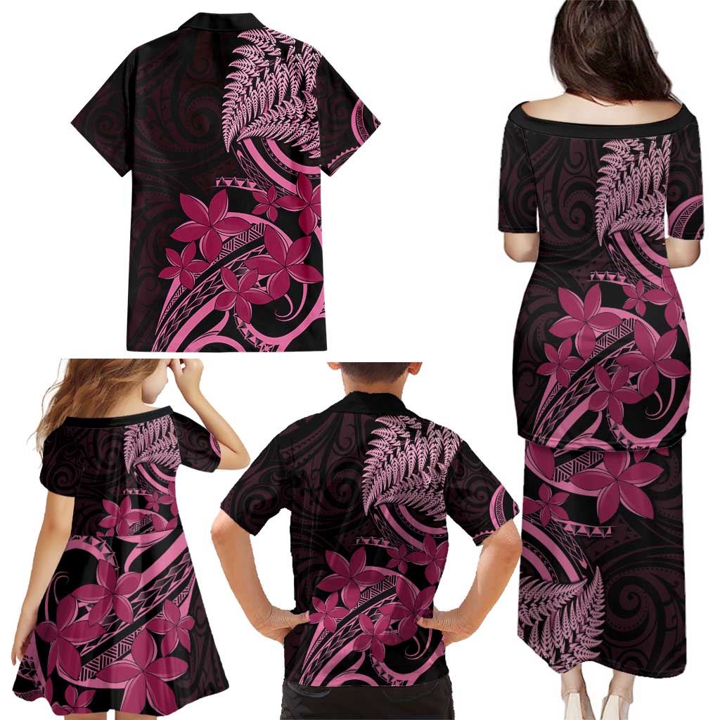 Aotearoa Maori Family Matching Puletasi and Hawaiian Shirt Pink Fern Ribbons on Black - Polynesian Pride