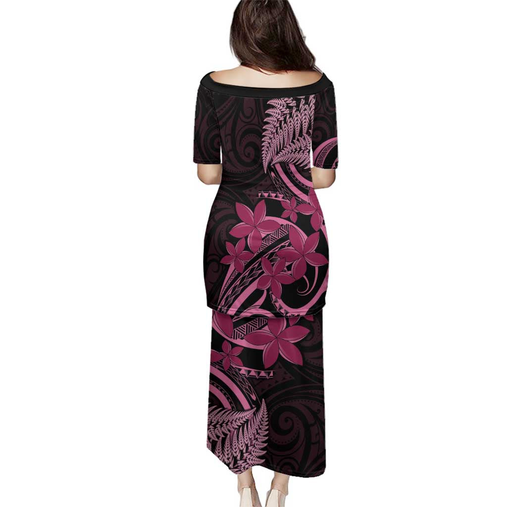 Aotearoa Maori Family Matching Puletasi and Hawaiian Shirt Pink Fern Ribbons on Black - Polynesian Pride