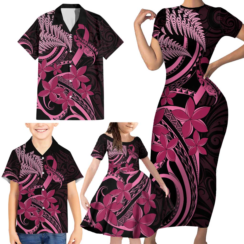 Aotearoa Maori Family Matching Short Sleeve Bodycon Dress and Hawaiian Shirt Pink Fern Ribbons on Black LT7 - Polynesian Pride