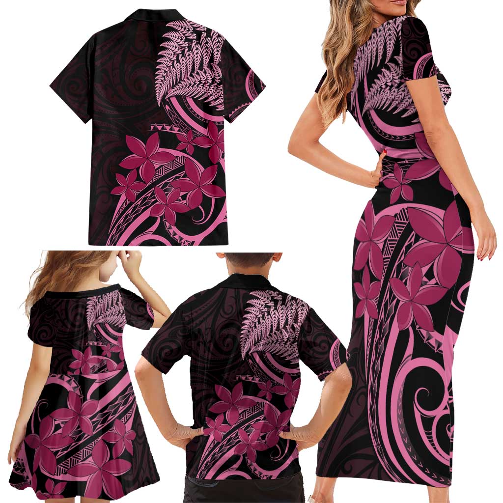 Aotearoa Maori Family Matching Short Sleeve Bodycon Dress and Hawaiian Shirt Pink Fern Ribbons on Black LT7 - Polynesian Pride
