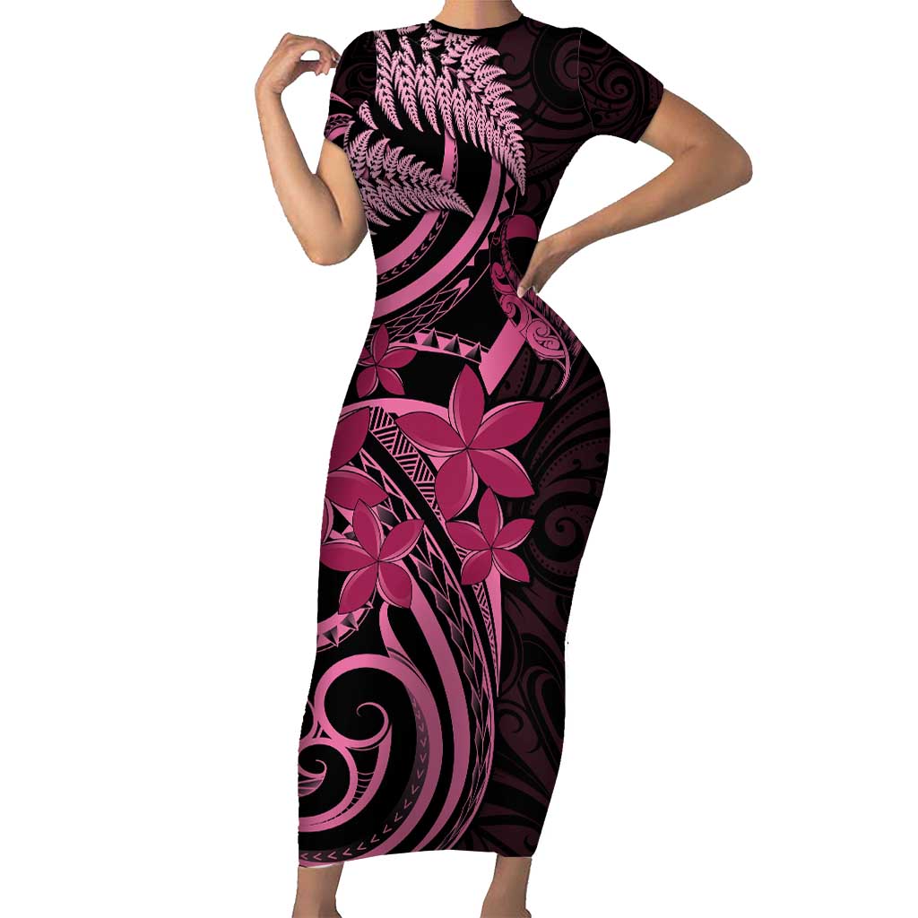 Aotearoa Maori Family Matching Short Sleeve Bodycon Dress and Hawaiian Shirt Pink Fern Ribbons on Black LT7 Mom's Dress Black - Polynesian Pride