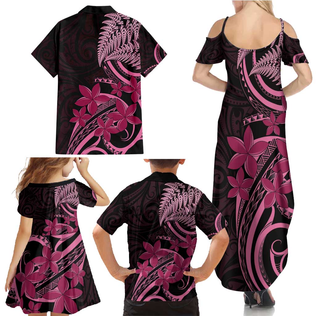 Aotearoa Maori Family Matching Summer Maxi Dress and Hawaiian Shirt Pink Fern Ribbons on Black - Polynesian Pride