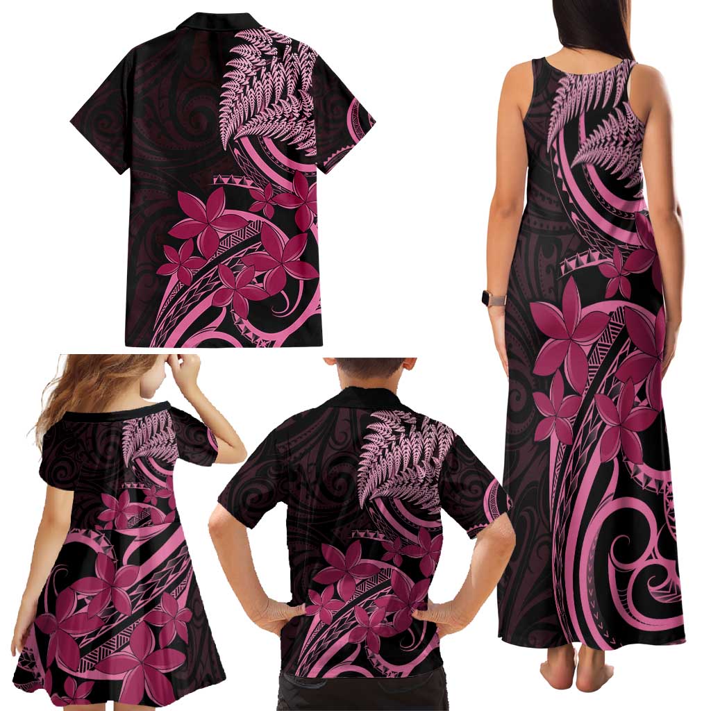 Aotearoa Maori Family Matching Tank Maxi Dress and Hawaiian Shirt Pink Fern Ribbons on Black - Polynesian Pride
