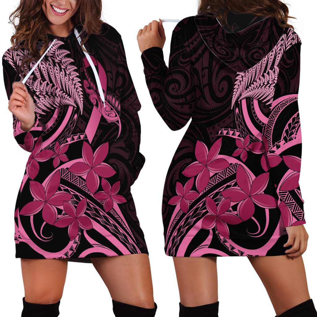 Aotearoa Maori Hoodie Dress Pink Fern Ribbons on Black - Polynesian Pride