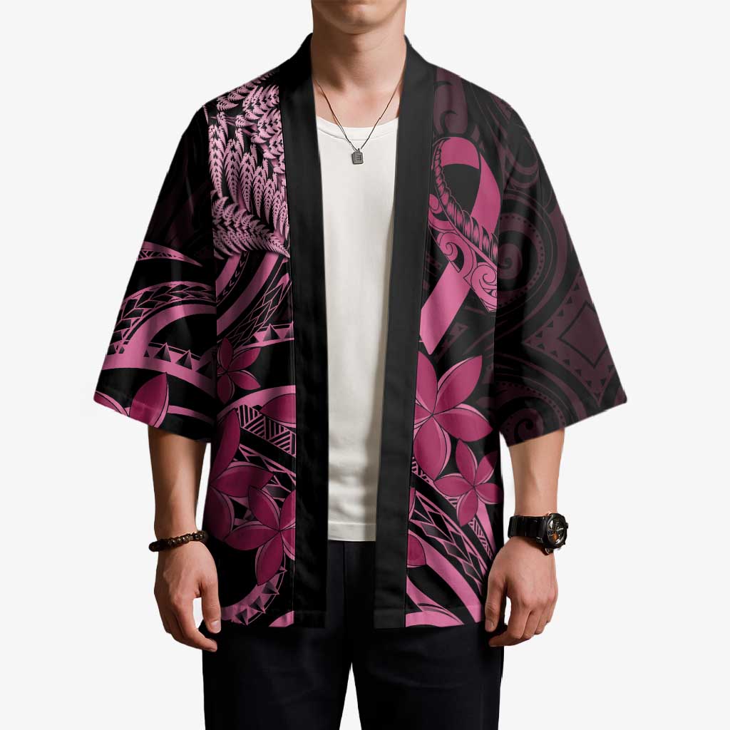 Aotearoa Maori Kimono Pink Fern Ribbons on Black - Polynesian Pride