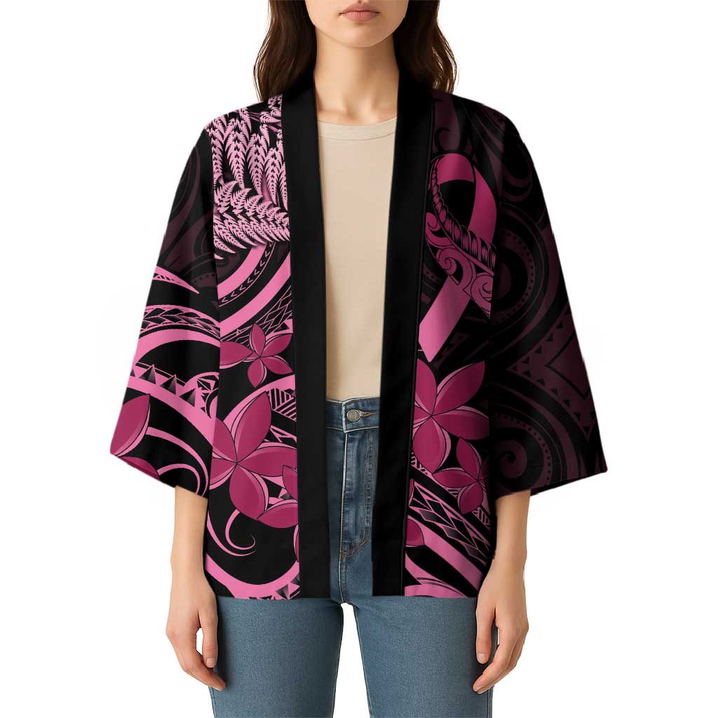 Aotearoa Maori Kimono Pink Fern Ribbons on Black - Polynesian Pride