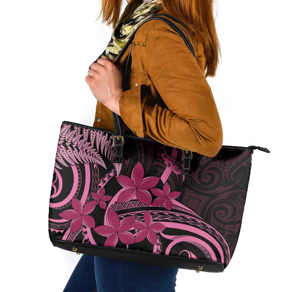 Aotearoa Maori Leather Tote Bag Pink Fern Ribbons on Black - Polynesian Pride