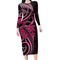 Aotearoa Maori Long Sleeve Bodycon Dress Pink Fern Ribbons on Black - Polynesian Pride