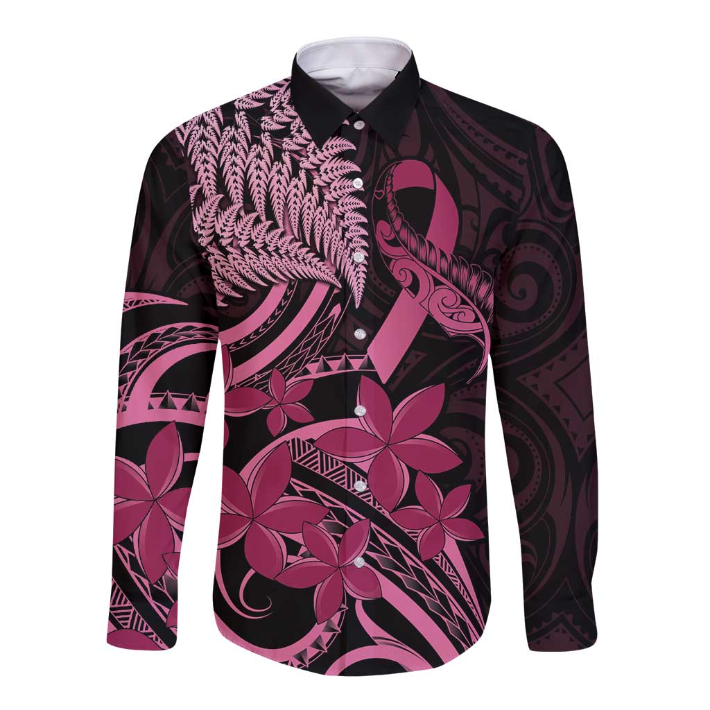 Aotearoa Maori Long Sleeve Button Shirt Pink Fern Ribbons on Black - Polynesian Pride
