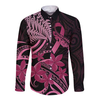 Aotearoa Maori Long Sleeve Button Shirt Pink Fern Ribbons on Black - Polynesian Pride
