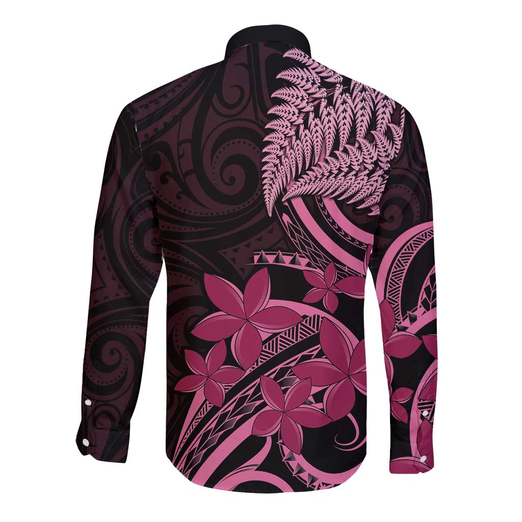 Aotearoa Maori Long Sleeve Button Shirt Pink Fern Ribbons on Black - Polynesian Pride