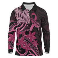 Aotearoa Maori Long Sleeve Polo Shirt Pink Fern Ribbons on Black - Polynesian Pride