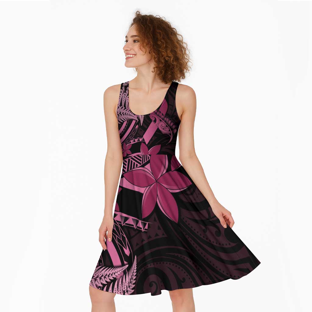 Aotearoa Maori Midi Dress Pink Fern Ribbons on Black - Polynesian Pride