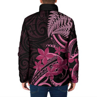 Aotearoa Maori Padded Jacket Pink Fern Ribbons on Black - Polynesian Pride