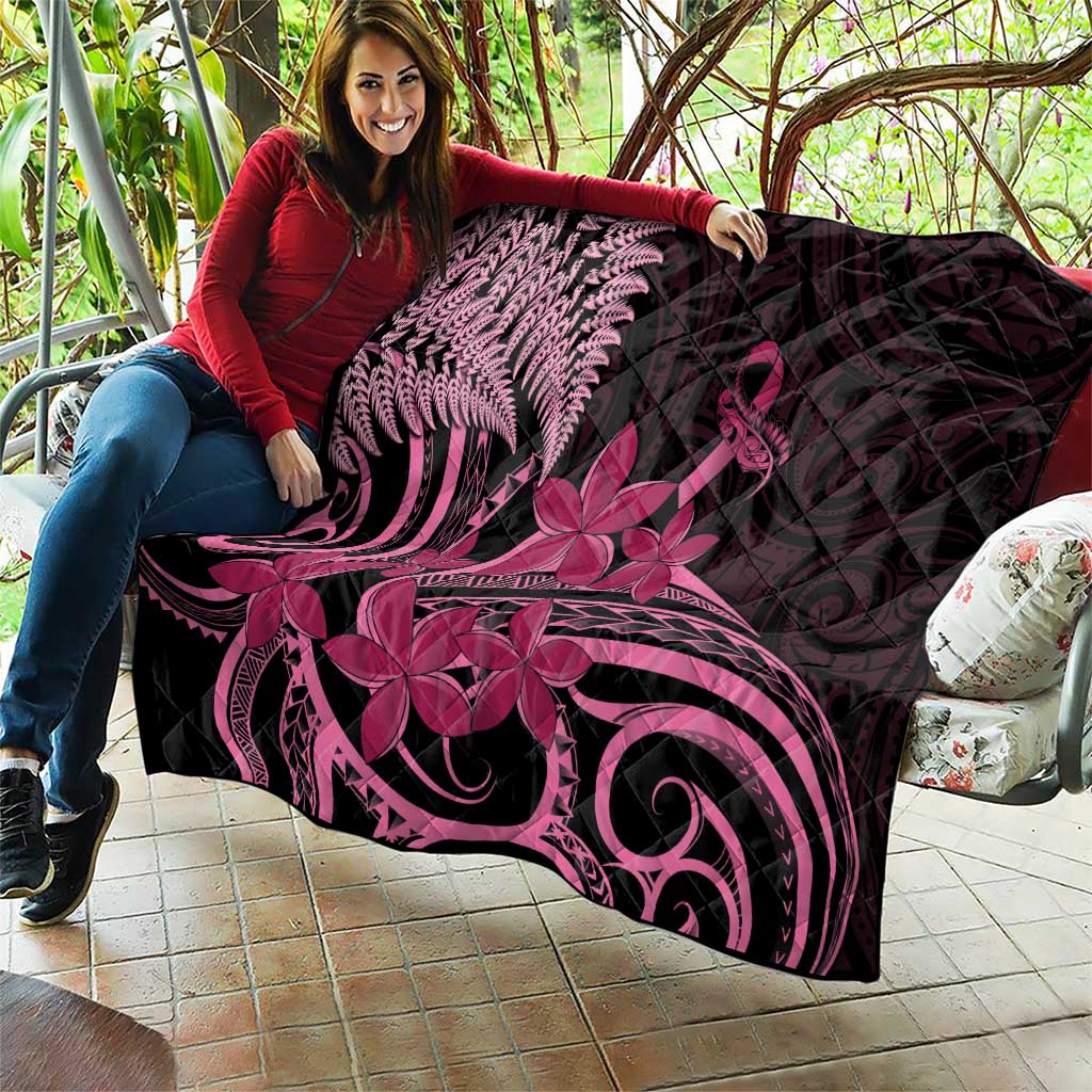 Aotearoa Maori Quilt Pink Fern Ribbons on Black - Polynesian Pride