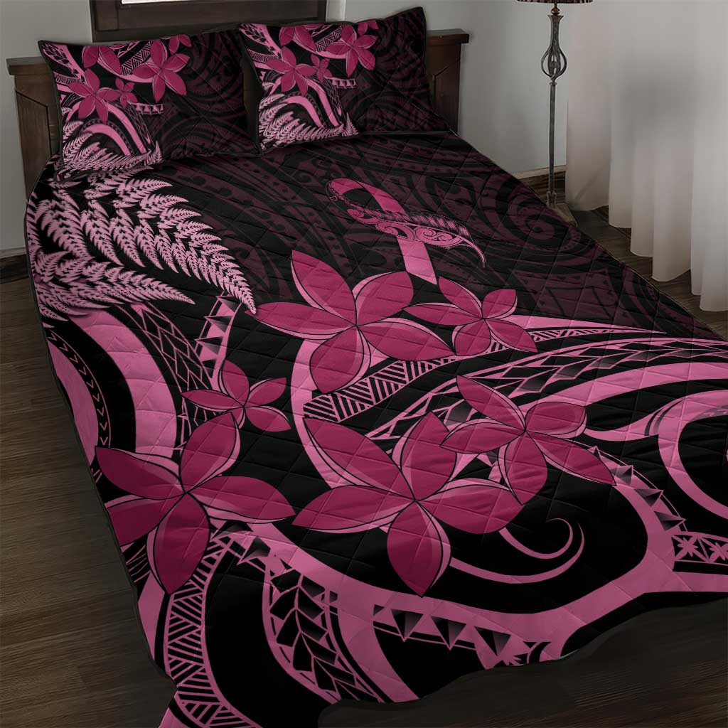 Aotearoa Maori Quilt Bed Set Pink Fern Ribbons on Black - Polynesian Pride