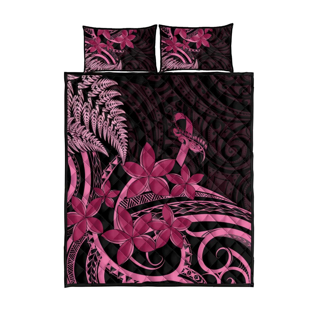 Aotearoa Maori Quilt Bed Set Pink Fern Ribbons on Black - Polynesian Pride