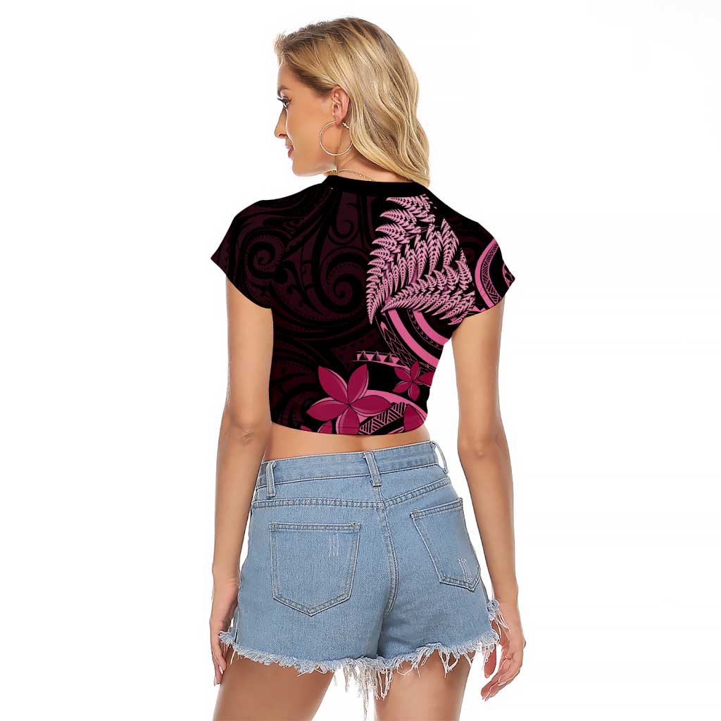 Aotearoa Maori Raglan Cropped T Shirt Pink Fern Ribbons on Black - Polynesian Pride