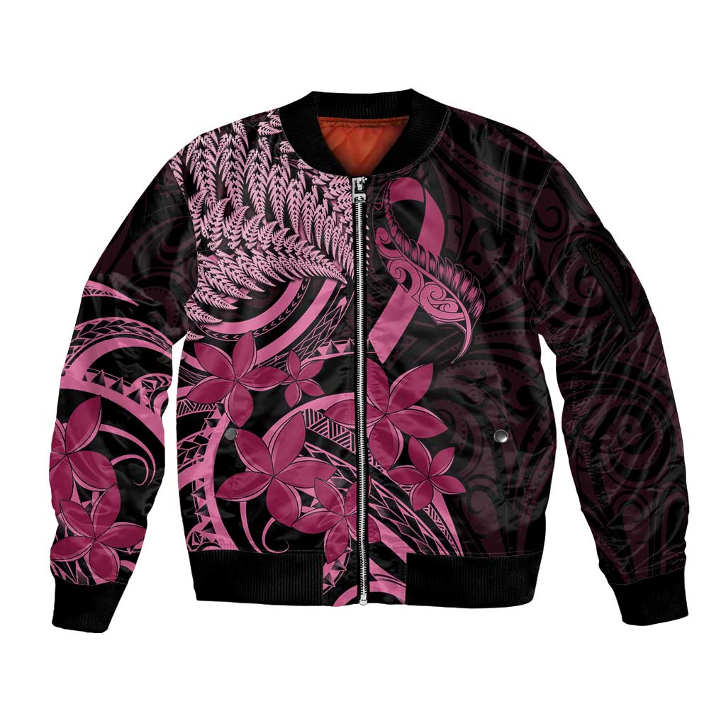 Aotearoa Maori Sleeve Zip Bomber Jacket Pink Fern Ribbons on Black - Polynesian Pride