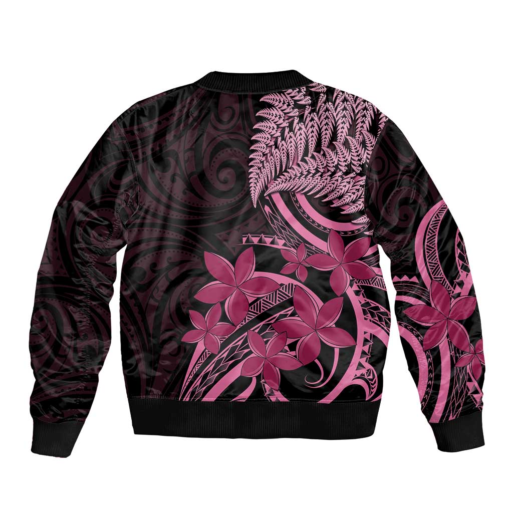 Aotearoa Maori Sleeve Zip Bomber Jacket Pink Fern Ribbons on Black - Polynesian Pride