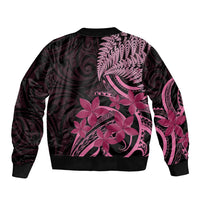 Aotearoa Maori Sleeve Zip Bomber Jacket Pink Fern Ribbons on Black - Polynesian Pride