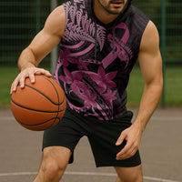 Aotearoa Maori Sleeveless Hoodie Pink Fern Ribbons on Black - Polynesian Pride