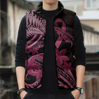 Aotearoa Maori Sleeveless Puffer Jacket Pink Fern Ribbons on Black - Polynesian Pride