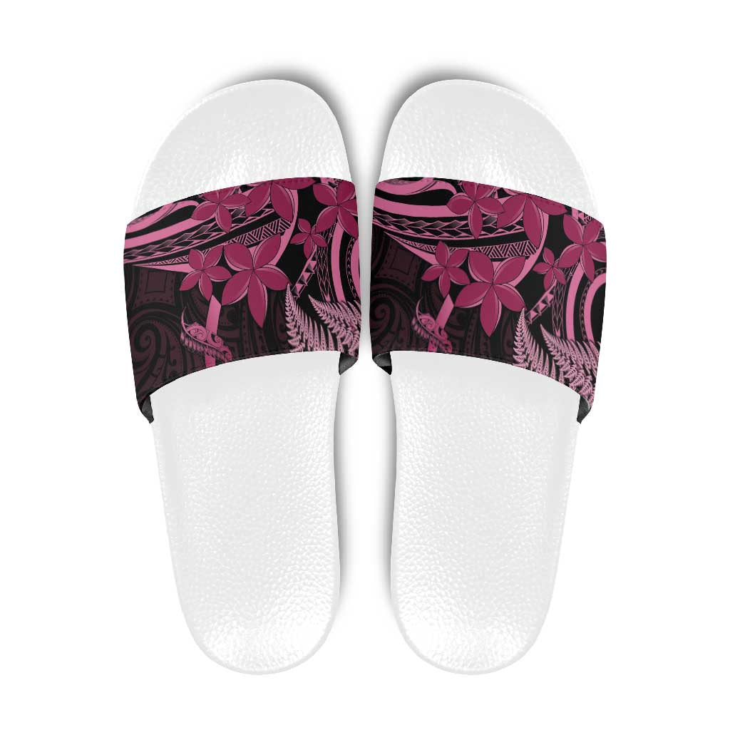 Aotearoa Maori Slide Sandals Pink Fern Ribbons on Black - Polynesian Pride
