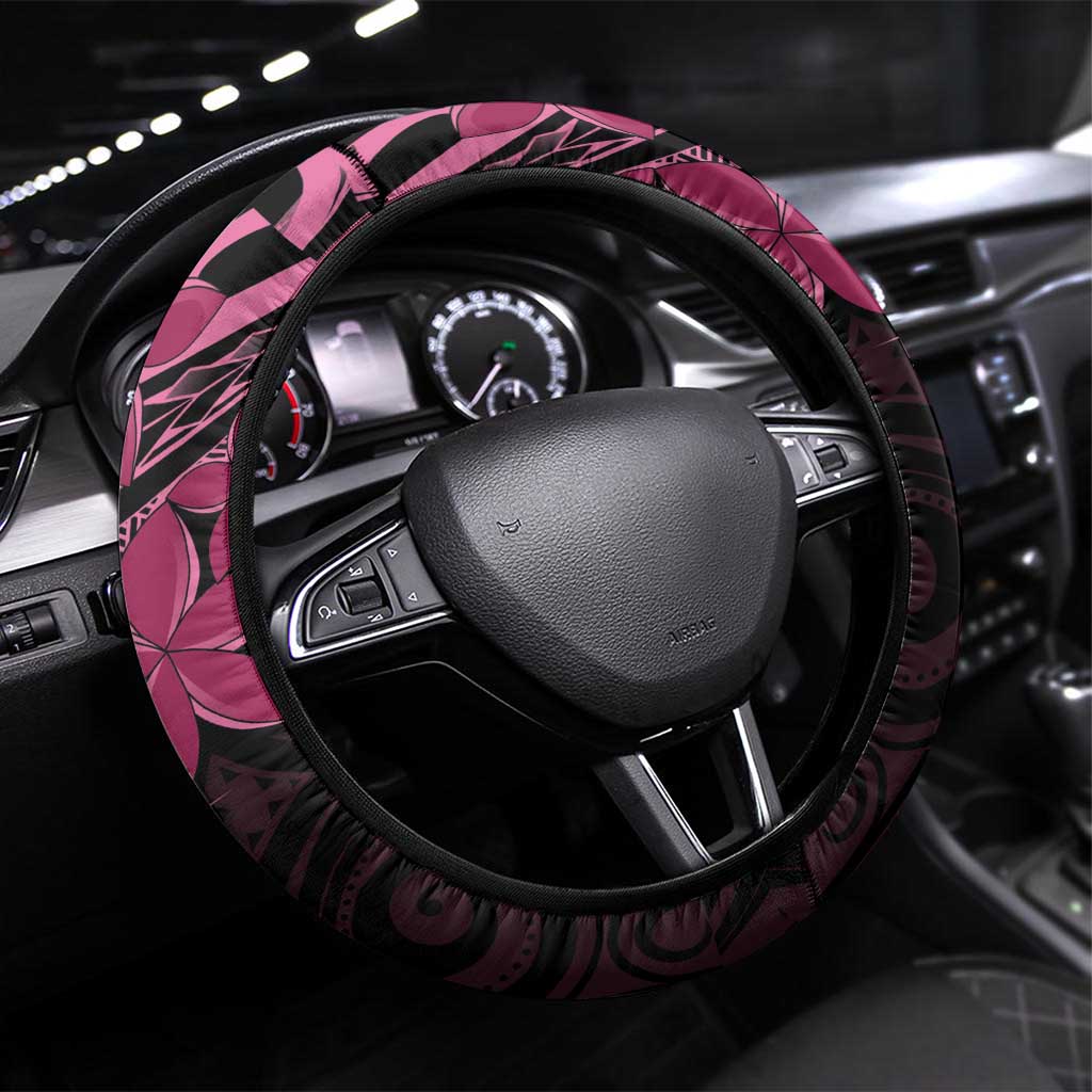 Aotearoa Maori Steering Wheel Cover Pink Fern Ribbons on Black - Polynesian Pride
