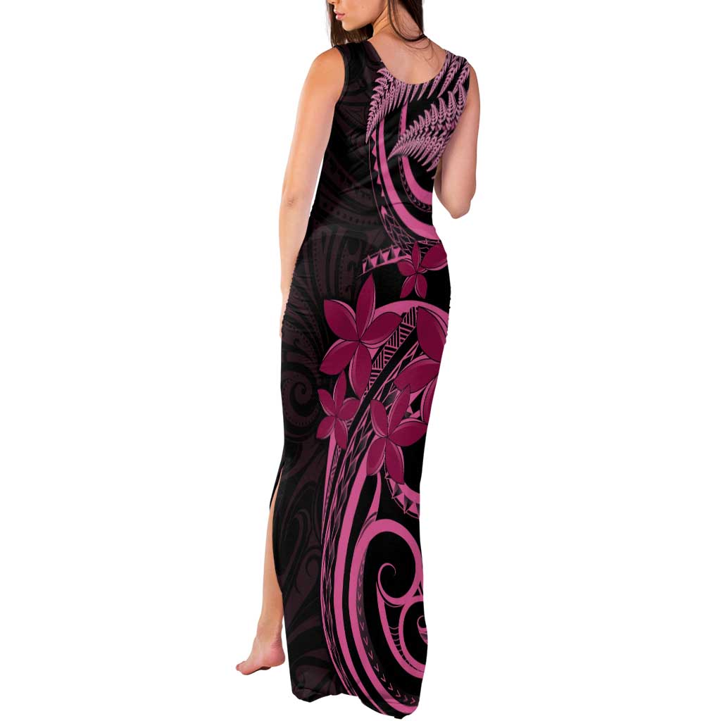Aotearoa Maori Tank Maxi Dress Pink Fern Ribbons on Black - Polynesian Pride