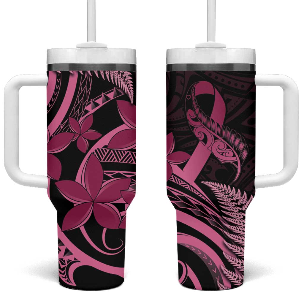 Aotearoa Maori Tumbler With Handle Pink Fern Ribbons on Black - Polynesian Pride