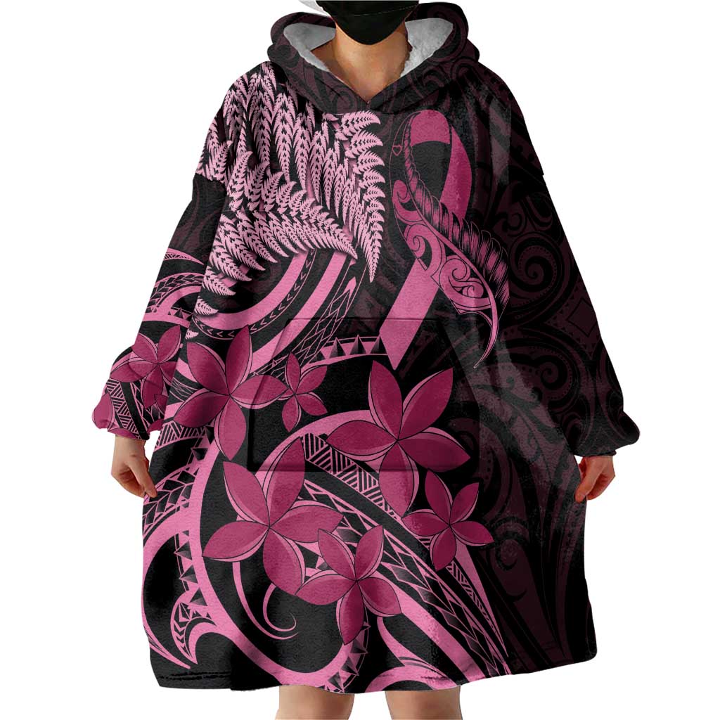 Aotearoa Maori Wearable Blanket Hoodie Pink Fern Ribbons on Black - Polynesian Pride