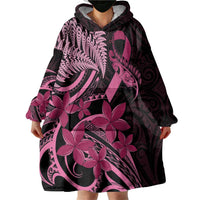Aotearoa Maori Wearable Blanket Hoodie Pink Fern Ribbons on Black - Polynesian Pride