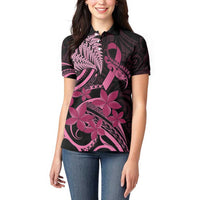 Aotearoa Maori Women Polo Shirt Pink Fern Ribbons on Black - Polynesian Pride