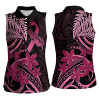 Aotearoa Maori Women Sleeveless Polo Shirt Pink Fern Ribbons on Black - Polynesian Pride