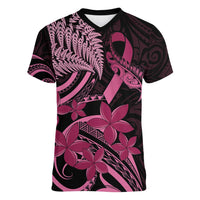 Aotearoa Maori Women V-Neck T-Shirt Pink Fern Ribbons on Black - Polynesian Pride