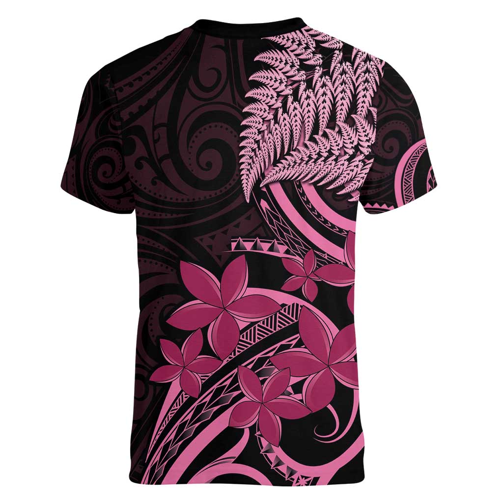 Aotearoa Maori Women V-Neck T-Shirt Pink Fern Ribbons on Black - Polynesian Pride