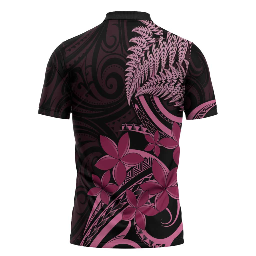 Aotearoa Maori Zipper Polo Shirt Pink Fern Ribbons on Black - Polynesian Pride