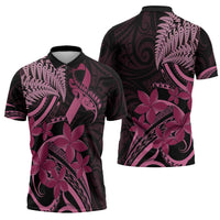 Aotearoa Maori Zipper Polo Shirt Pink Fern Ribbons on Black - Polynesian Pride