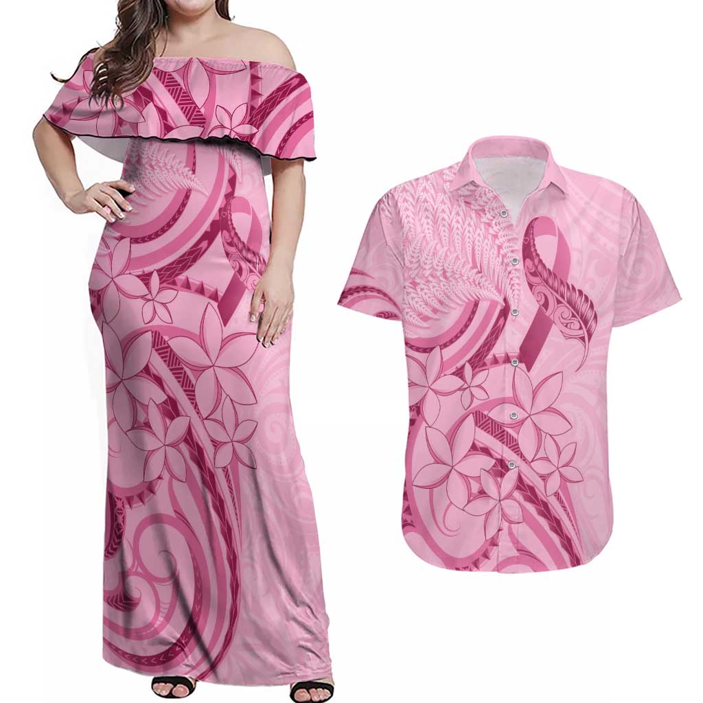 Aotearoa Maori Couples Matching Off Shoulder Maxi Dress and Hawaiian Shirt Pink Fern Ribbons - Polynesian Pride