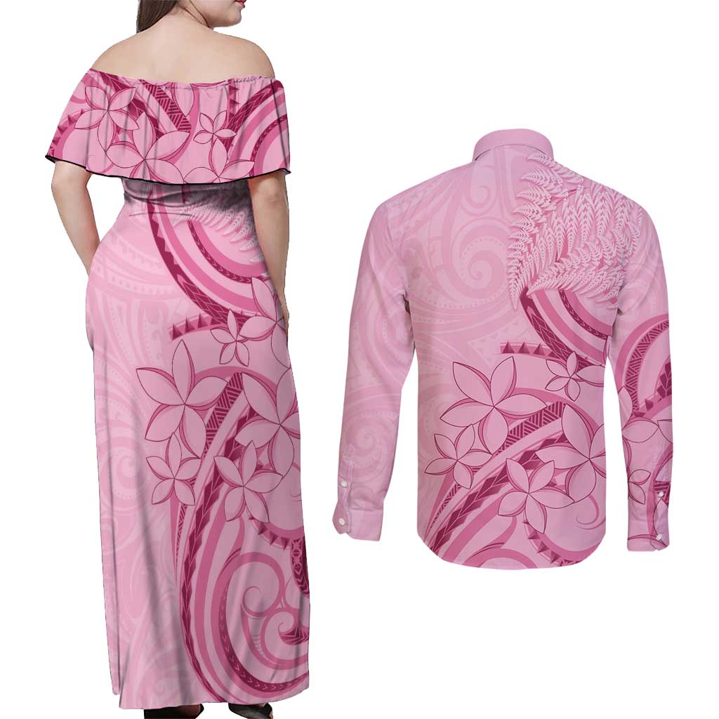 Aotearoa Maori Couples Matching Off Shoulder Maxi Dress and Long Sleeve Button Shirt Pink Fern Ribbons - Polynesian Pride