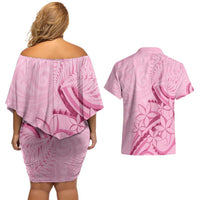 Aotearoa Maori Couples Matching Off Shoulder Short Dress and Hawaiian Shirt Pink Fern Ribbons - Polynesian Pride