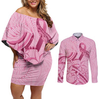 Aotearoa Maori Couples Matching Off Shoulder Short Dress and Long Sleeve Button Shirt Pink Fern Ribbons - Polynesian Pride