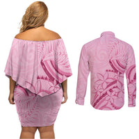 Aotearoa Maori Couples Matching Off Shoulder Short Dress and Long Sleeve Button Shirt Pink Fern Ribbons - Polynesian Pride