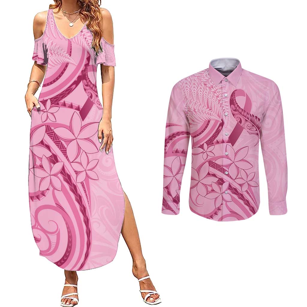 Aotearoa Maori Couples Matching Summer Maxi Dress and Long Sleeve Button Shirt Pink Fern Ribbons - Polynesian Pride