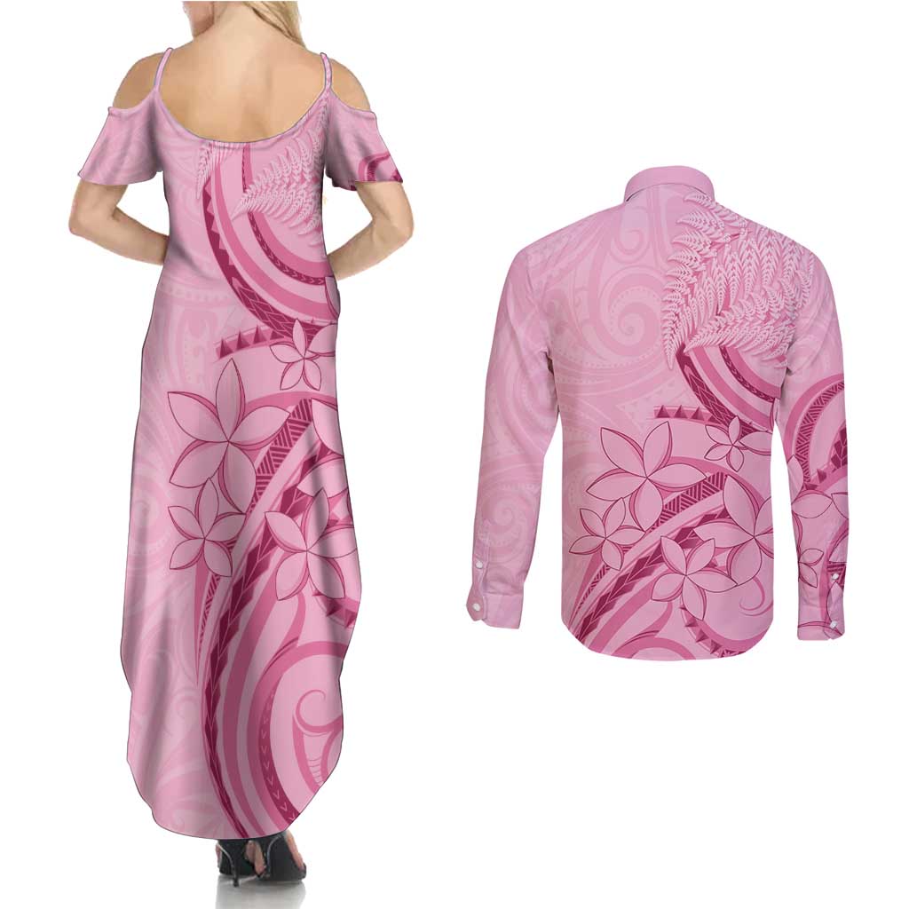 Aotearoa Maori Couples Matching Summer Maxi Dress and Long Sleeve Button Shirt Pink Fern Ribbons - Polynesian Pride