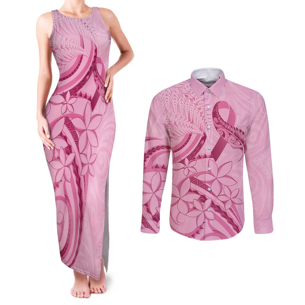 Aotearoa Maori Couples Matching Tank Maxi Dress and Long Sleeve Button Shirt Pink Fern Ribbons - Polynesian Pride