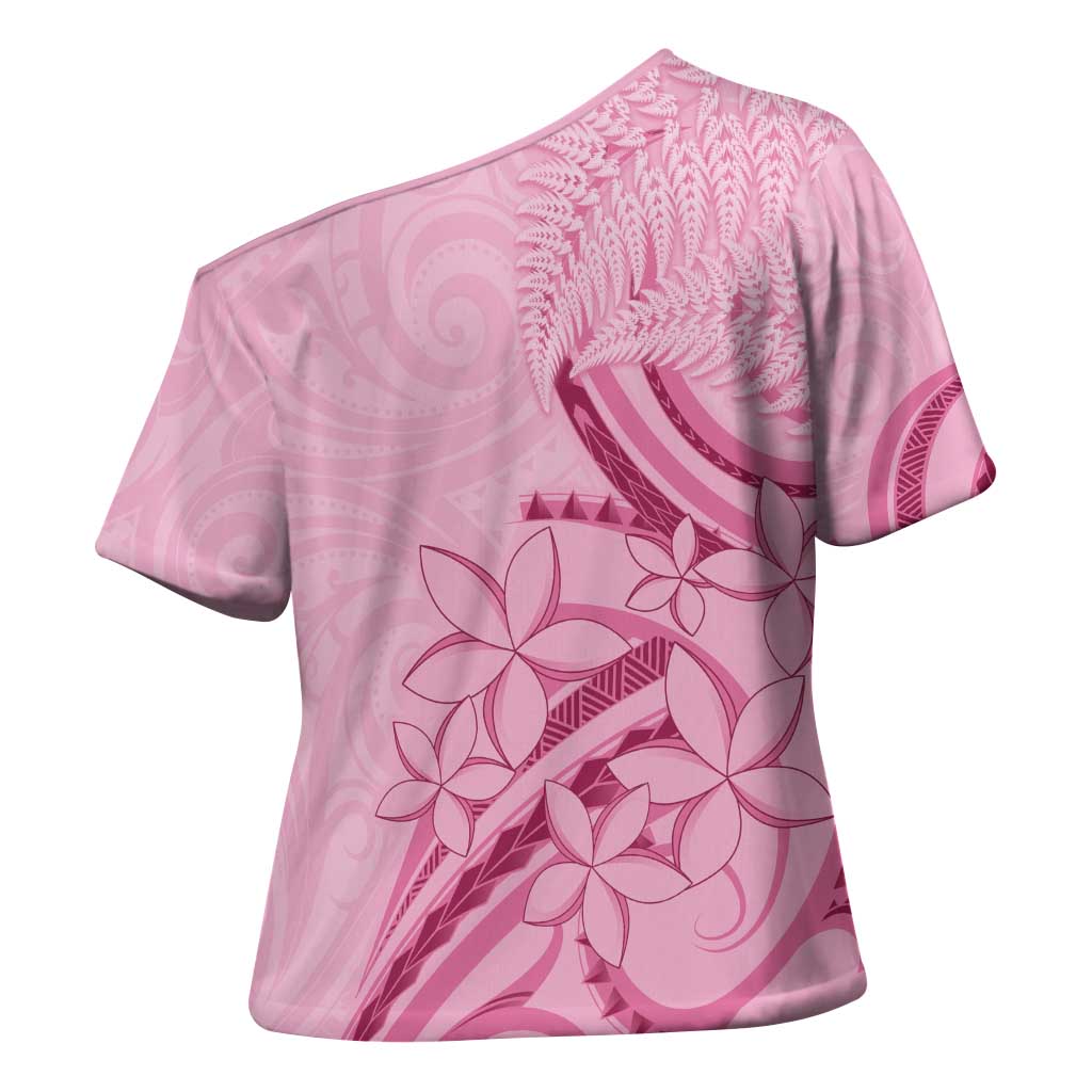 Aotearoa Maori Cross Shoulder Shirt Pink Fern Ribbons - Polynesian Pride