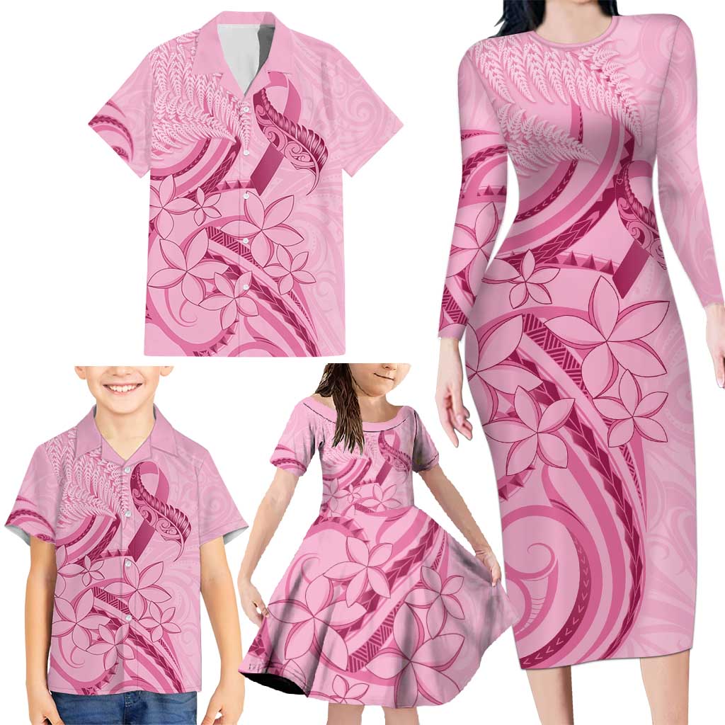 Aotearoa Maori Family Matching Long Sleeve Bodycon Dress and Hawaiian Shirt Pink Fern Ribbons LT7 - Polynesian Pride