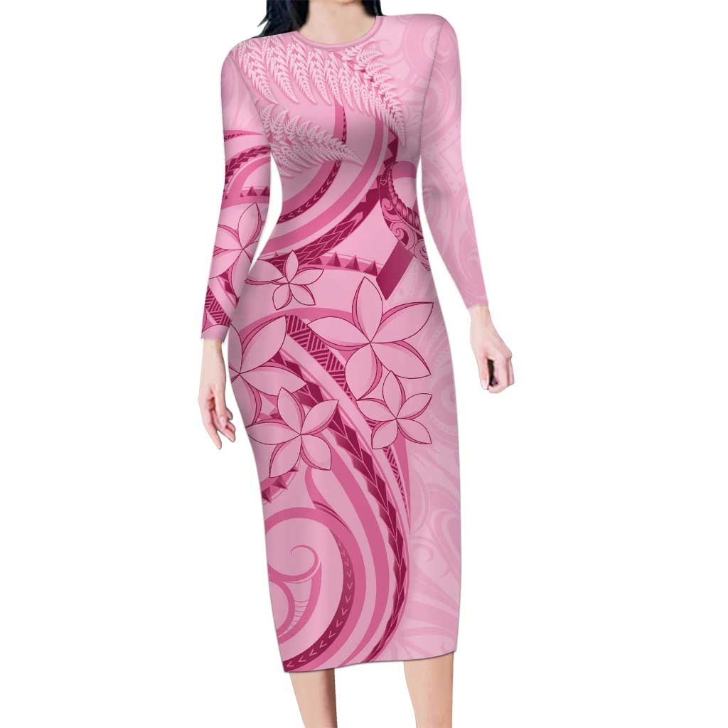 Aotearoa Maori Family Matching Long Sleeve Bodycon Dress and Hawaiian Shirt Pink Fern Ribbons LT7 Mom's Dress Pink - Polynesian Pride